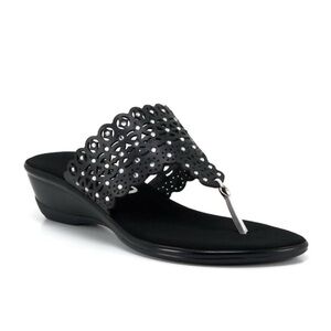Onex Kelli Black Leather Cutout Thong Wedge Post Sandals Size 7